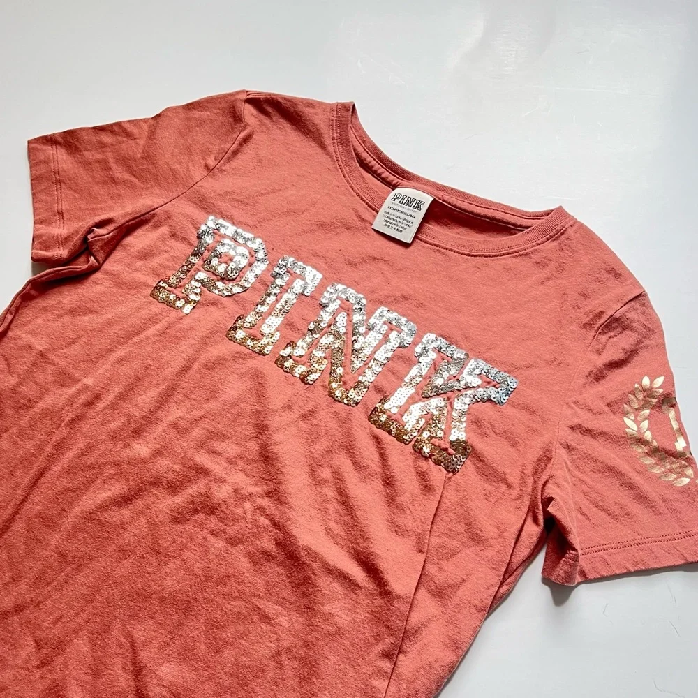 🩷VICTORIA SECRET PINK SPARKLE BLING PINK SHORT SLEEVE TEE SHIRT TOP SIZE XS - Picture 6 of 14